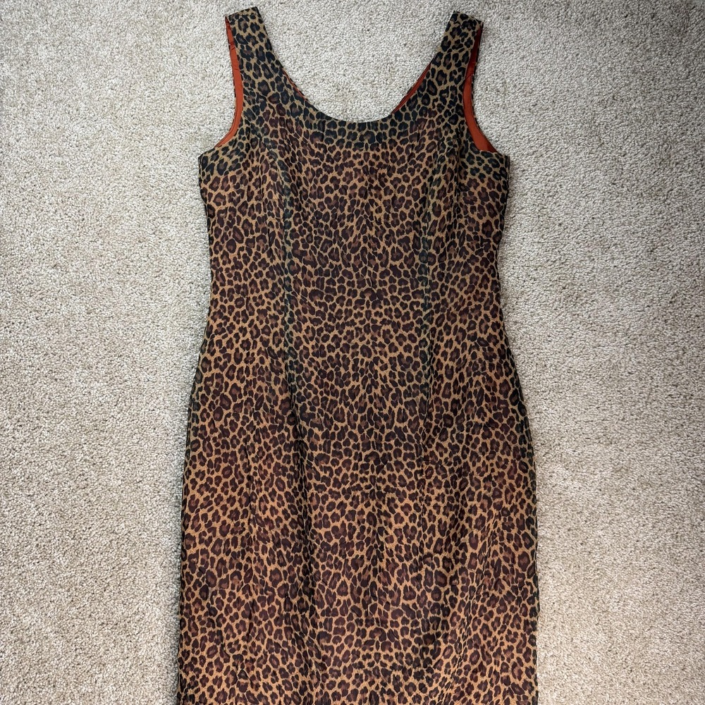 Vintage Taurus Dress Womens 8P Brown Leopard Sheath Sleeveless Scoop Neck Midi